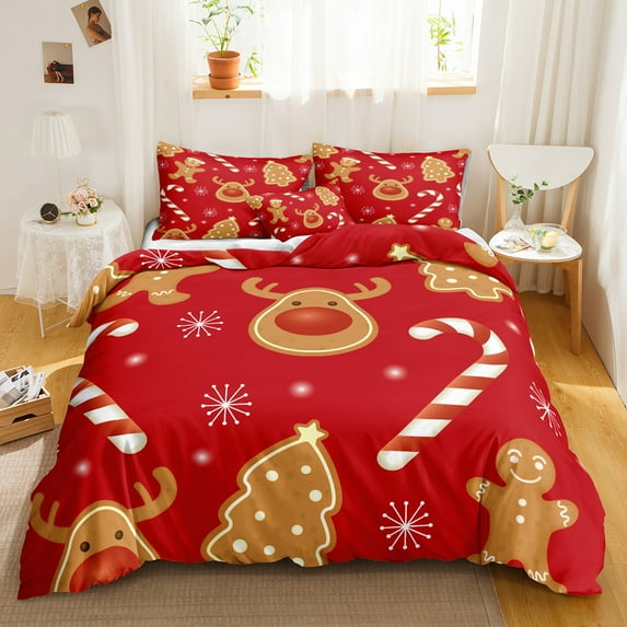 Move Over Green Christmas Bedding Sets King Festival Duvet Cover Set Green Gingerbread Man Pattern Microfiber No Filling