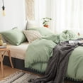 thumbnail image 1 of Move Over Green Duvet Cover Set Queen Sage Green Bedding Sets Pom Poms Pattern Washed Microfiber No Filling, 1 of 9