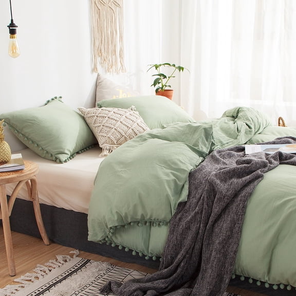 Move Over Green Duvet Cover Set Queen Sage Green Bedding Sets Pom Poms Pattern Washed Microfiber No Filling