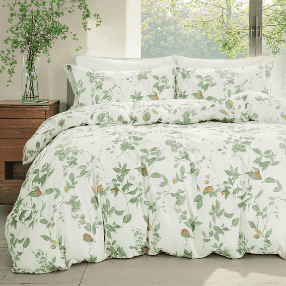 Move Over Green Leaves Duvet Cover Set Queen 3 Pieces 100% Natural Cotton Duvet Cover Set Soft and Beathable Pastoral Style Green Floral Bedding Set
