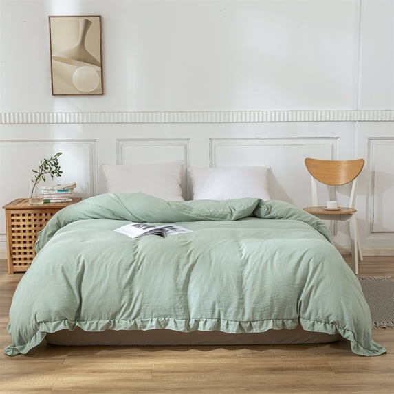 Move Over Green Ruffle Duvet Cover Twin Only Soft Washed Microfiber Bedding Set Ruffled Pattern No Filling