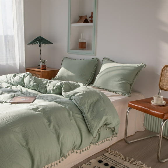 Move Over Green Tassel Duvet Cover King Boho Quilt Cover Only Solid Tassel Pattern Washed Microfiber No Filling