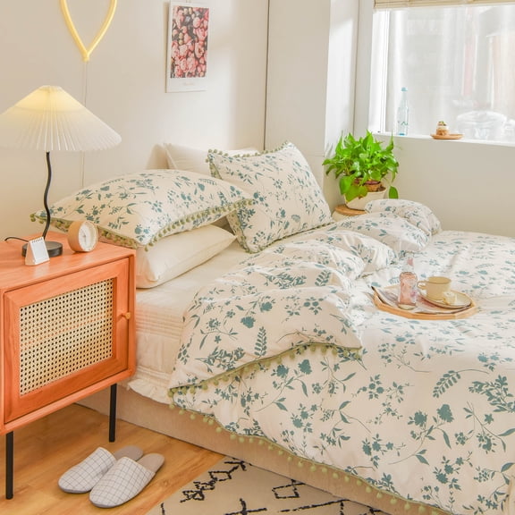 Move Over Grey Floral Pom Poms Bedding Sets Twin Ball Fringe Pattern Microfiber Pastoral Style Duvet Cover Set No Filling