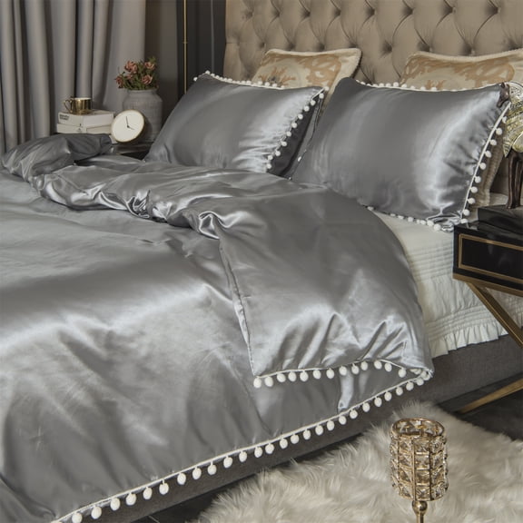 Move Over Grey Satin Bedding Sets Twin Silky Duvet Cover Set White Fringe Pattern Satin Microfiber No Filling