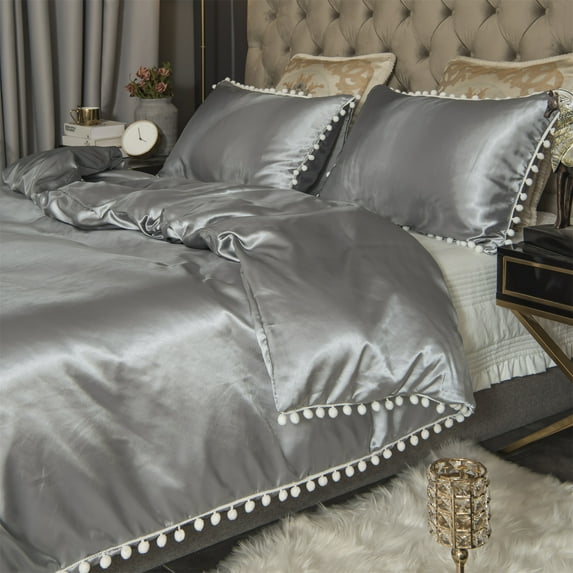 Move Over Grey Satin Bedding Sets Twin Silky Duvet Cover Set White Fringe Pattern Satin Microfiber No Filling