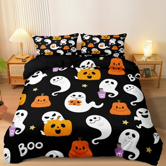 Move Over Halloween Bedding Sets Twin Halloween Duvet Cover Set Cute Cartoon Pumpkin and Ghost Pattern Black Halloween Decor