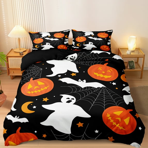 Move Over Halloween Duvet Cover Set King Size Pumpkin and Ghost Pattern Bats and Webs Design Halloween Bedding Sets
