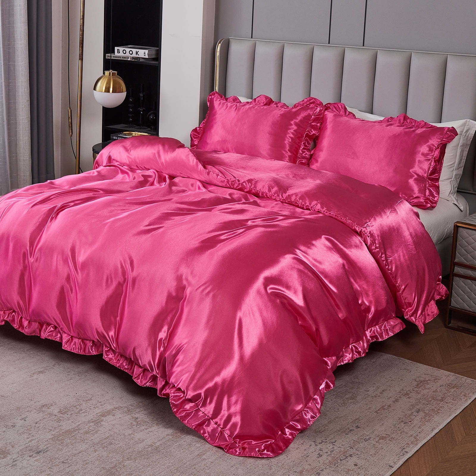 Move Over Hot Pink Ruffle Comforter Set King Satin Comforter Set Hot Pink Ruffle Design Solid Filling