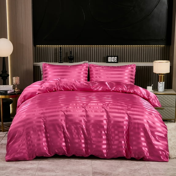 Move Over Hot Pink Satin Duvet Cover Set Queen Stripes Pattern Hot Pink Satin Bedding Set Microfiber No Filling