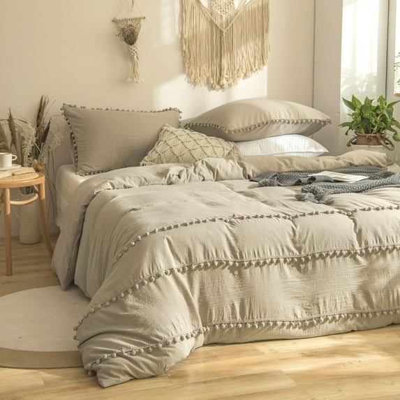 Move Over Khaki Bedding Sets Taupe Duvet Cover Set Twin Three Layer Pom Poms Pattern Soft Washed Microfiber No Filling