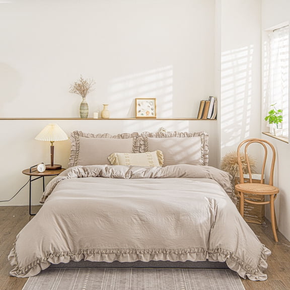Move Over Khaki Tassel Ruffle Bedding Sets Twin Taupe Ruffle Pattern Solid Duvet Cover Set Washed Microfiber No Filling