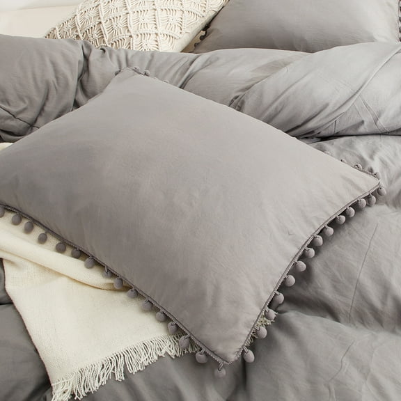 Move Over Light Grey Pom Poms Pillowcases Queen, Grey Pillowcases Set of 2, 100% Washed Microfiber
