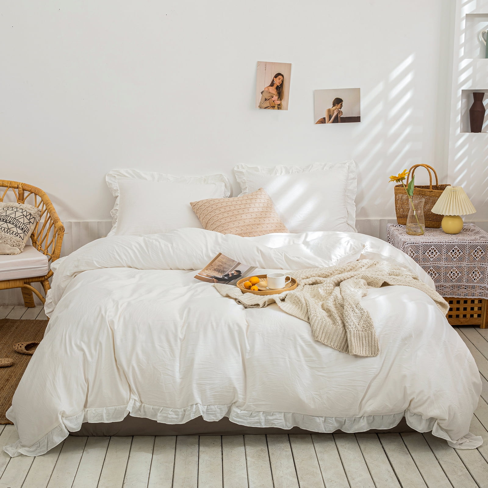 Move Over Offwhite Ruffle Duvet Cover Set Twin Size 2 Pieces Ultra Soft Farmhouse Solid White Ruffled Set No Filling - Walmart.com