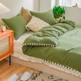 thumbnail image 1 of Move Over Olive Green Bedding Sets King, Washed Microfiber, White Pompoms Pattern, Dark Green Duvet Cover Set, No Filling, 1 of 8