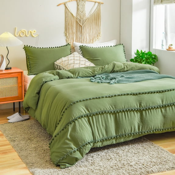Move Over Olive Green Bedding Sets Queen Three Layer Pom Poms Pattern 100% Washed Microfiber Duvet Cover Set No Filling