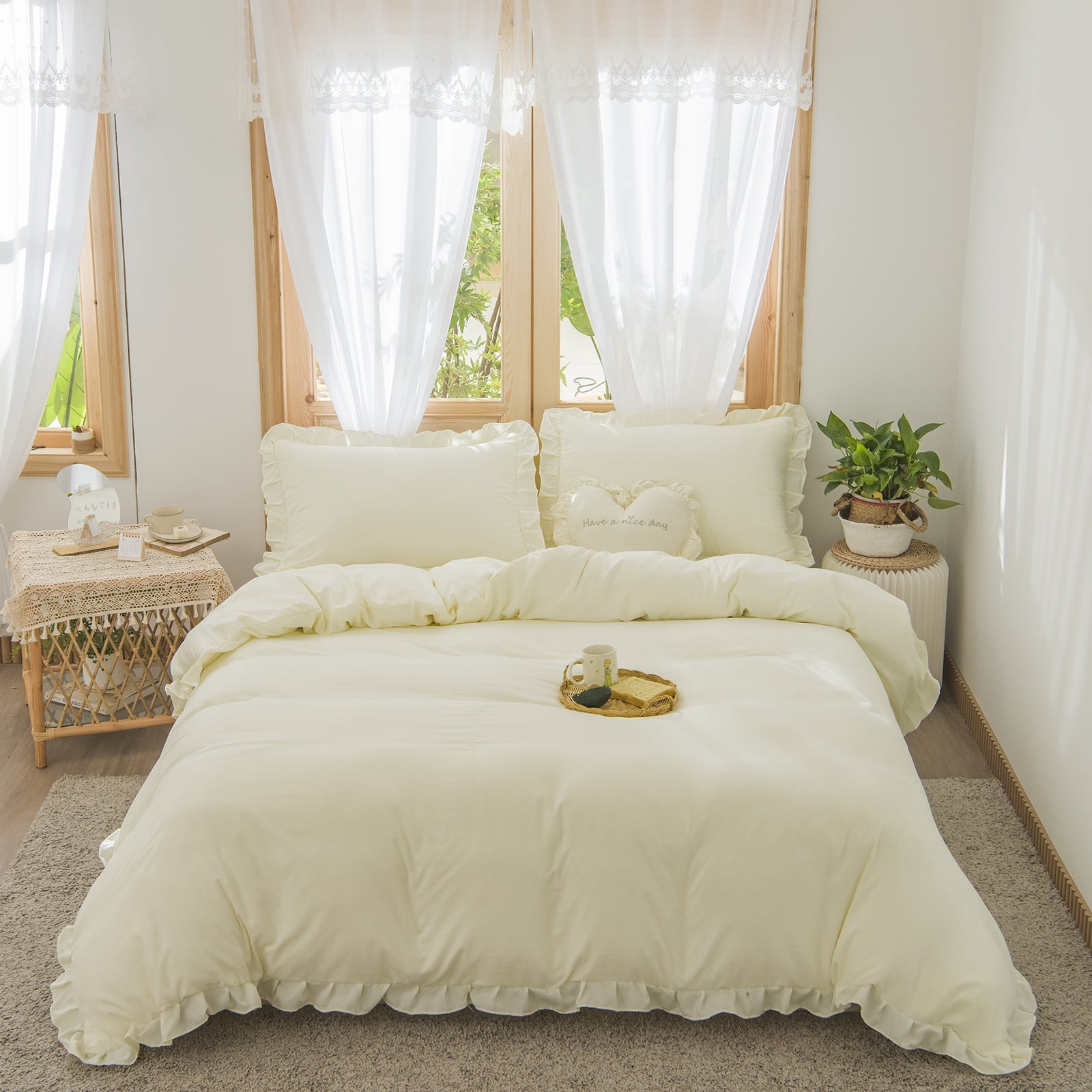 Yellow Ruffle Pattern Move Over Pale Yellow Ruffle Duvet Cover Set Twin Soft Farmhouse ...