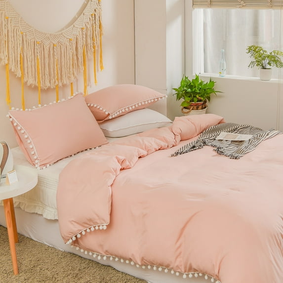 Move Over Pink Bedding Sets Washed Microfiber King White Pompoms Pattern Light Pink Girls Duvet Cover Set No Filling