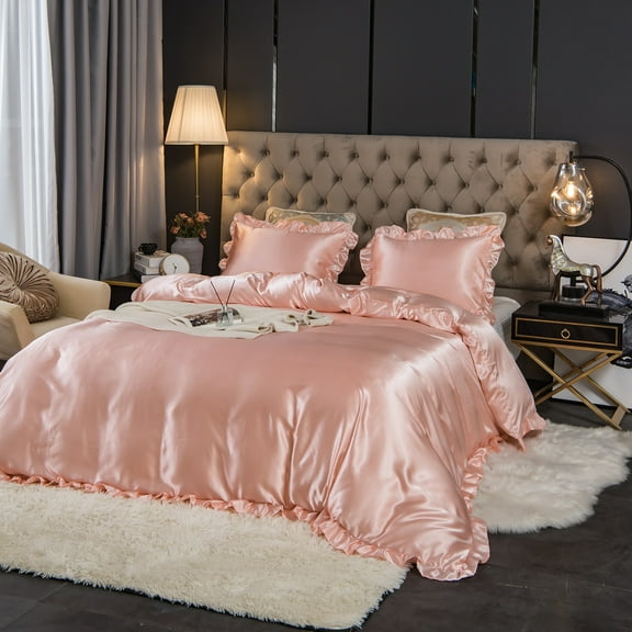 Move Over Pink Satin Ruffle Bedding Sets Queen Boho Chic Silky Ruffled Pattern Pink Girls Duvet Cover Set No Filling