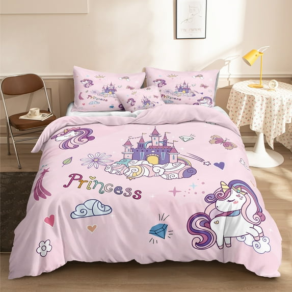Move Over Pink Unicorn Bedding Sets Queen Castle Unicorn Pattern Microfiber Cartoon Duvet Cover No Filling