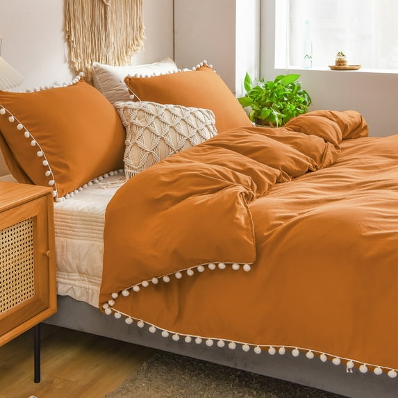 Move Over Pumpkin Bedding Sets Twin, Pom Poms Pattern, Washed Microfiber, Ultra Soft Rust Duvet Cover Set, No Filling