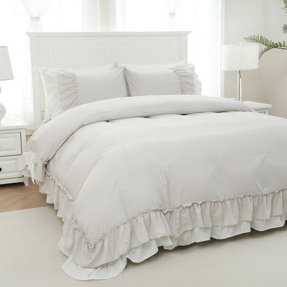 Move Over Ruffle Duvet Cover Set Beige Duvet Cover Set Queen Size Ruffle Pattern Soft Microfiber Boho Bedding Set