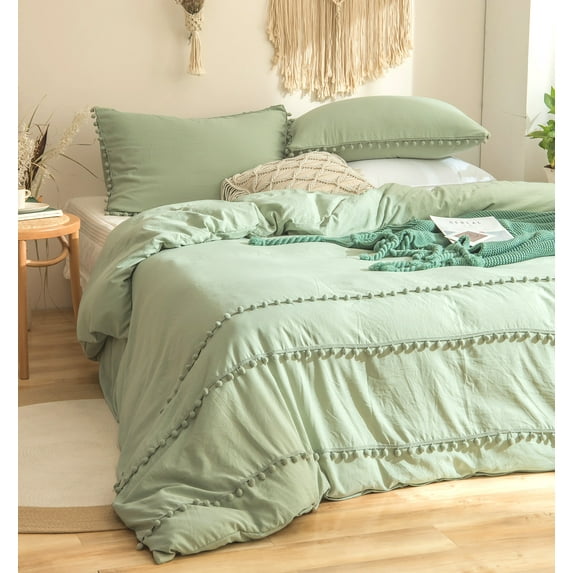 Move Over Sage Green Bedding Set Pom Poms Duvet Cover Set King Soft Washed Microfiber Three Layer Pom Poms Pattern No Filling