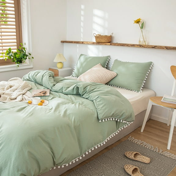 Move Over Sage Green Bedding Set Twin Pom Poms Fringe Pattern Soft Washed Microfiber Duvet Cover Set No Filling