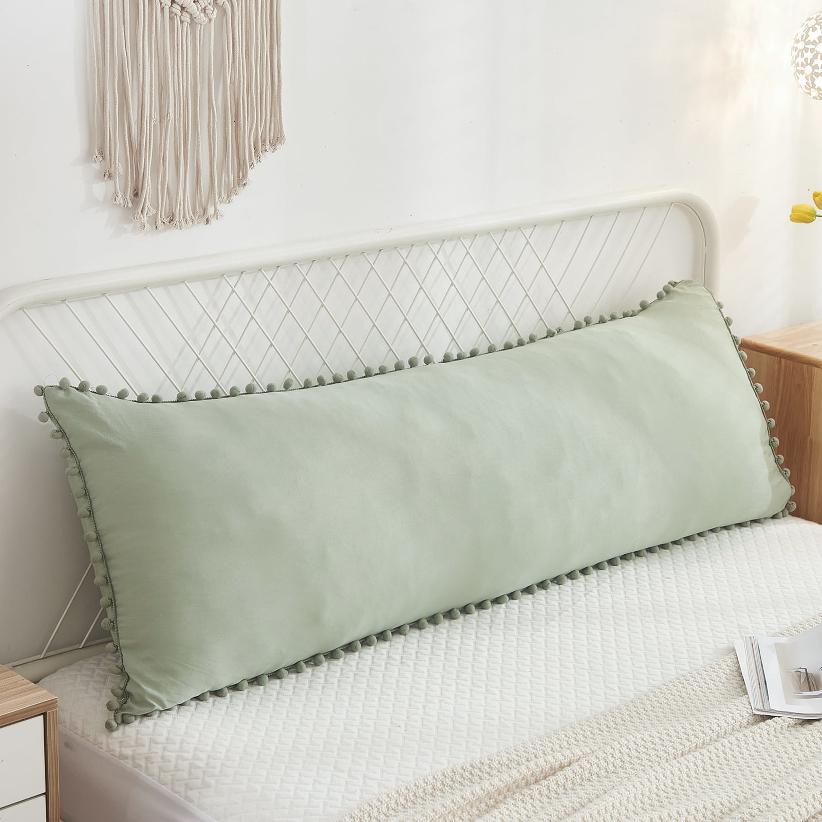 Move Over Sage Green Body Pillow Cover 20x54 inches Boho Chic Pom Poms Fringe Pattern Body Pillowcase 100% Washed Microfiber