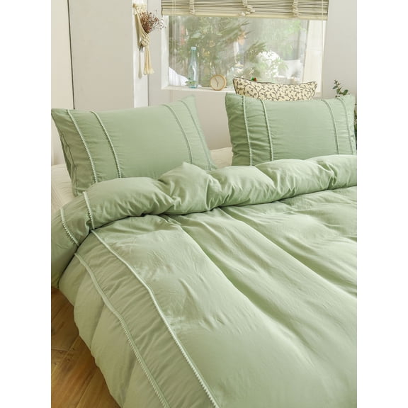 Move Over Sage Green Pom Poms Bedding Sets Twin, Little Ball Fringe Pattern, Washed Microfiber, Boho Green Duvet Cover Set, No Filling