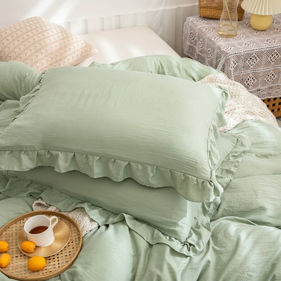 Move Over Sage Green Ruffle Pillow Shams Queen Ruffled Pattern Green Boho Standard Pillowcases 100% Washed Microfiber