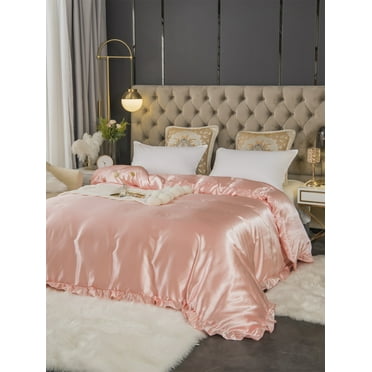 Move Over Queen Size White Satin Ruffle Bedding Duvet Cover Set, Silky