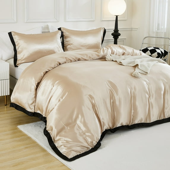 Move Over Satin Ruffle Duvet Cover Set King Khaki Silk Like Satin Ruffle Pattern Bedding Set No Filling
