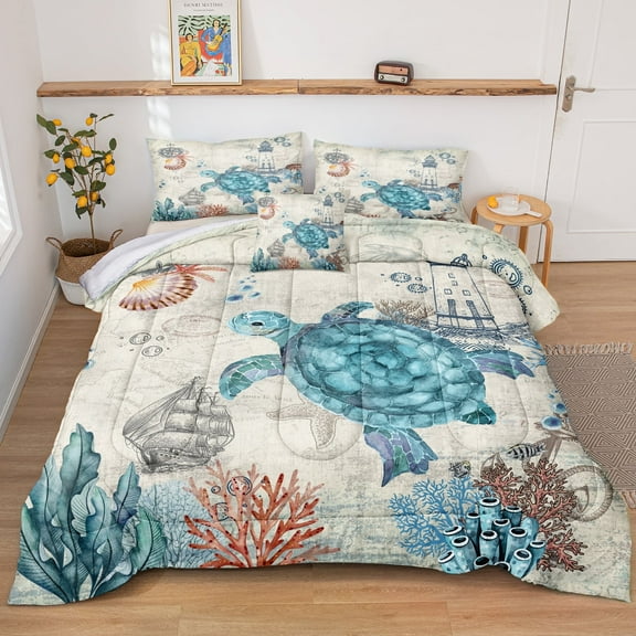 Move Over Sea Turtle Comforter Set Queen Ocean Beach Bedding Set Soft and Lightweight Retro Style Design Coastal Bedding Set