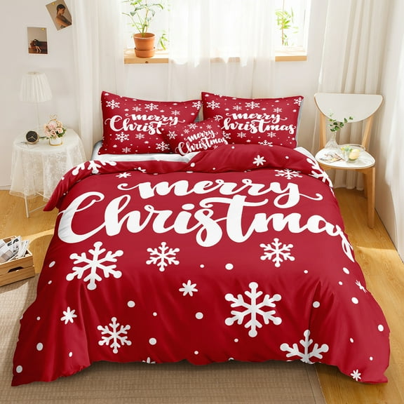 Move Over Snowflake Bedding Sets Twin Red Christmas Duvet Cover Set White Snowflake Pattern Microfiber No Filling