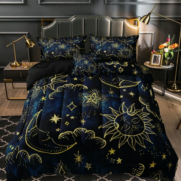 Move Over Sun and Moon Comforter Set King Size Galaxy Bedding Blue Gold Moon Star Pattern Bohemian Gothic Comforter Sets