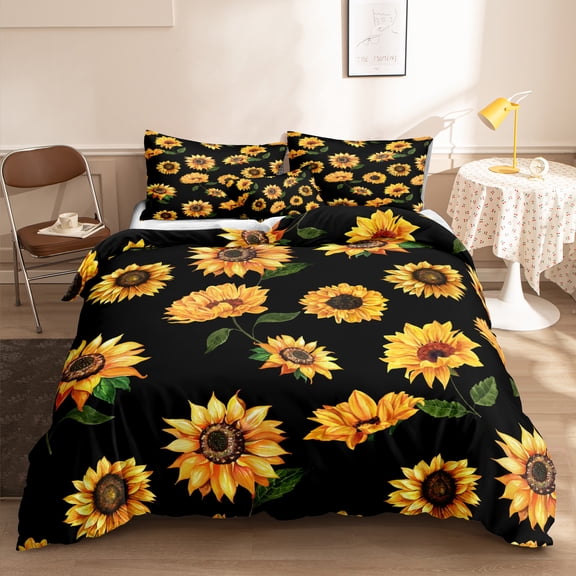 Move Over Sunflowers Bedding Sets Twin Black Gold Flowers Duvet Cover Set Yellow Sunflowers Pattern Microfiber Bedding No Filling