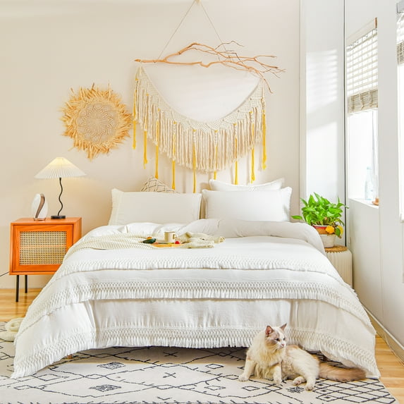Move Over Tassel Bedding Sets White Boho Macrame Tassle Duvet Cover Set King Three Layer Tassel Pattern Washed Microfiber No Filling