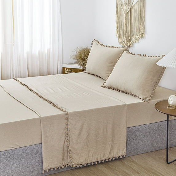 Move Over Taupe Bedding Set 4 Pieces Solid Taupe Sheet Set Pom Poms Fringe Pattern Shabby Chic Deep Pocket Bedding Queen