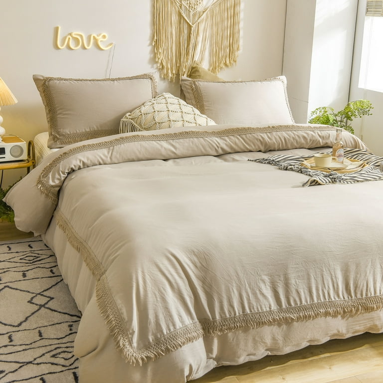 Move Over Taupe Bedding Set Boho Queen Hollow Square Grid Tassel Duvet Cover Set Solid Color Pattern Washed Microfiber No Filling