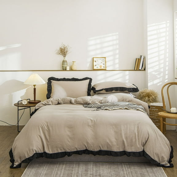 Move Over Taupe Bedding Sets Queen 100% Washed Microfiber Black Ruffled Fringe Pattern Khaki Boho Duvet Cover Set