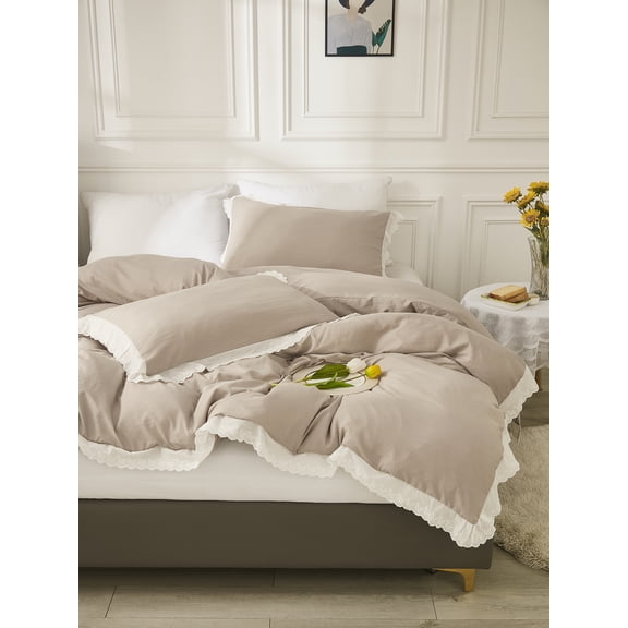 Move Over Taupe Lace Bedding Sets Queen Boho Chic Duvet Cover Set Washed Microfiber Lace Pattern No Filling