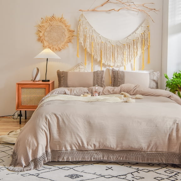 Move Over Taupe Macrame Tassel Bedding Sets Twin Washed Microfiber Tassel Pattern Boho Chic Duvet Cover Set No Filling