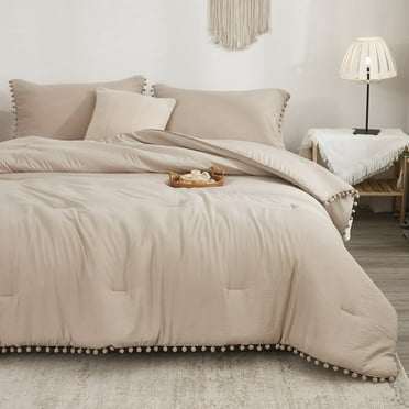 Move Over Taupe Comforter Set Queen Size 3 Pieces Pom Pom Pattern Solid Color Boho Comforter Set for Girls and Women