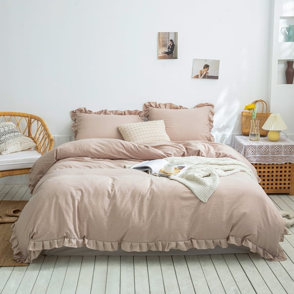 Move Over Taupe Ruffle Bedding Set Solid Color Pattern Washed Microfiber King Duvet Cover Set No Filling