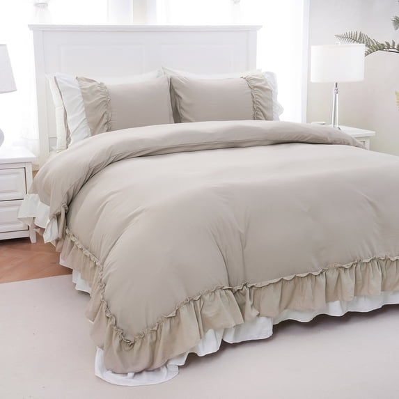 Move Over Taupe Ruffle Duvet Cover Set King Boho Ruffled Pattern Design Taupe Bedding Set for Bedroom