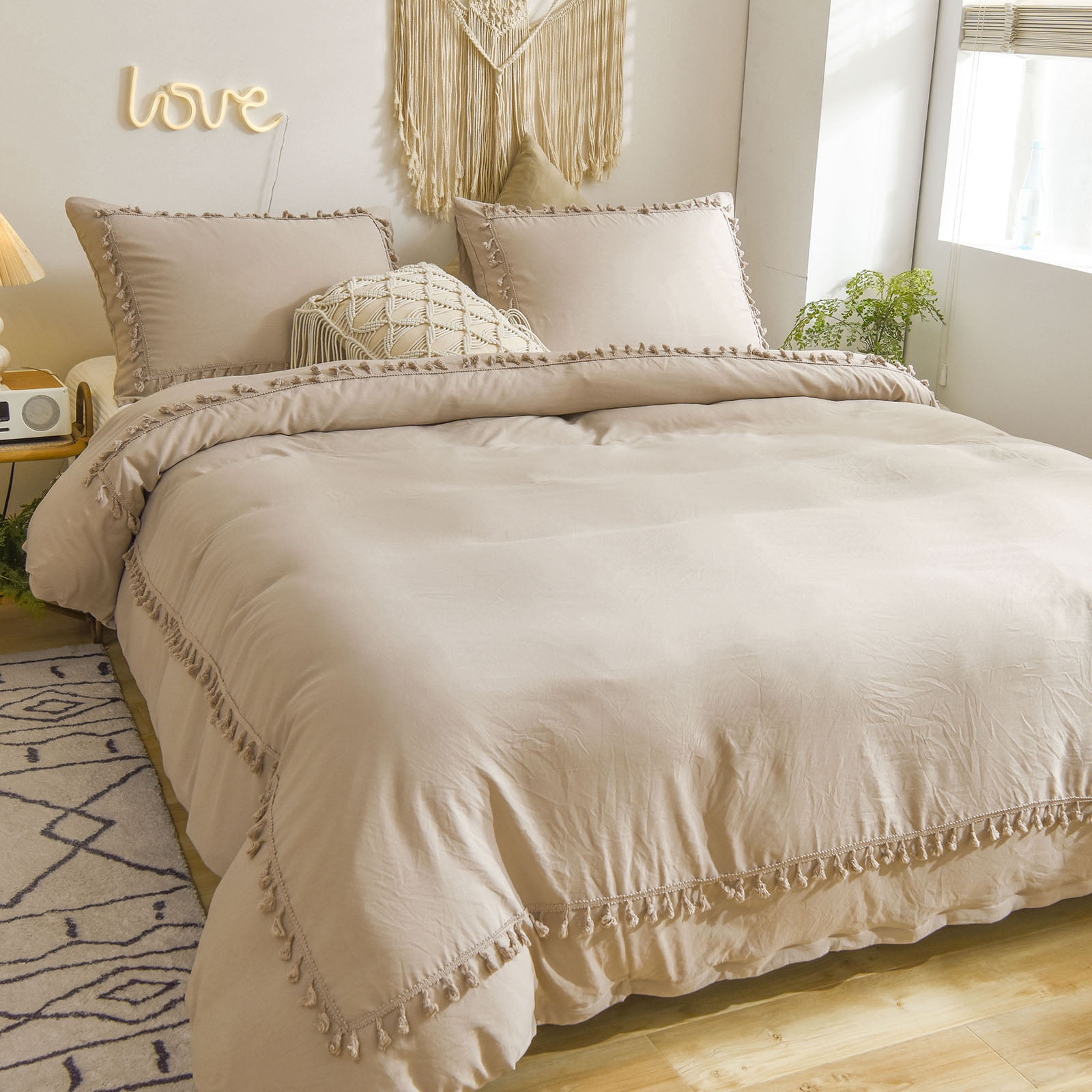 Move Over Taupe Tassel Bedding Set Ruched Tassel Duvet Cover Set Pinched Pattern Washed Microfiber Queen No Filling
