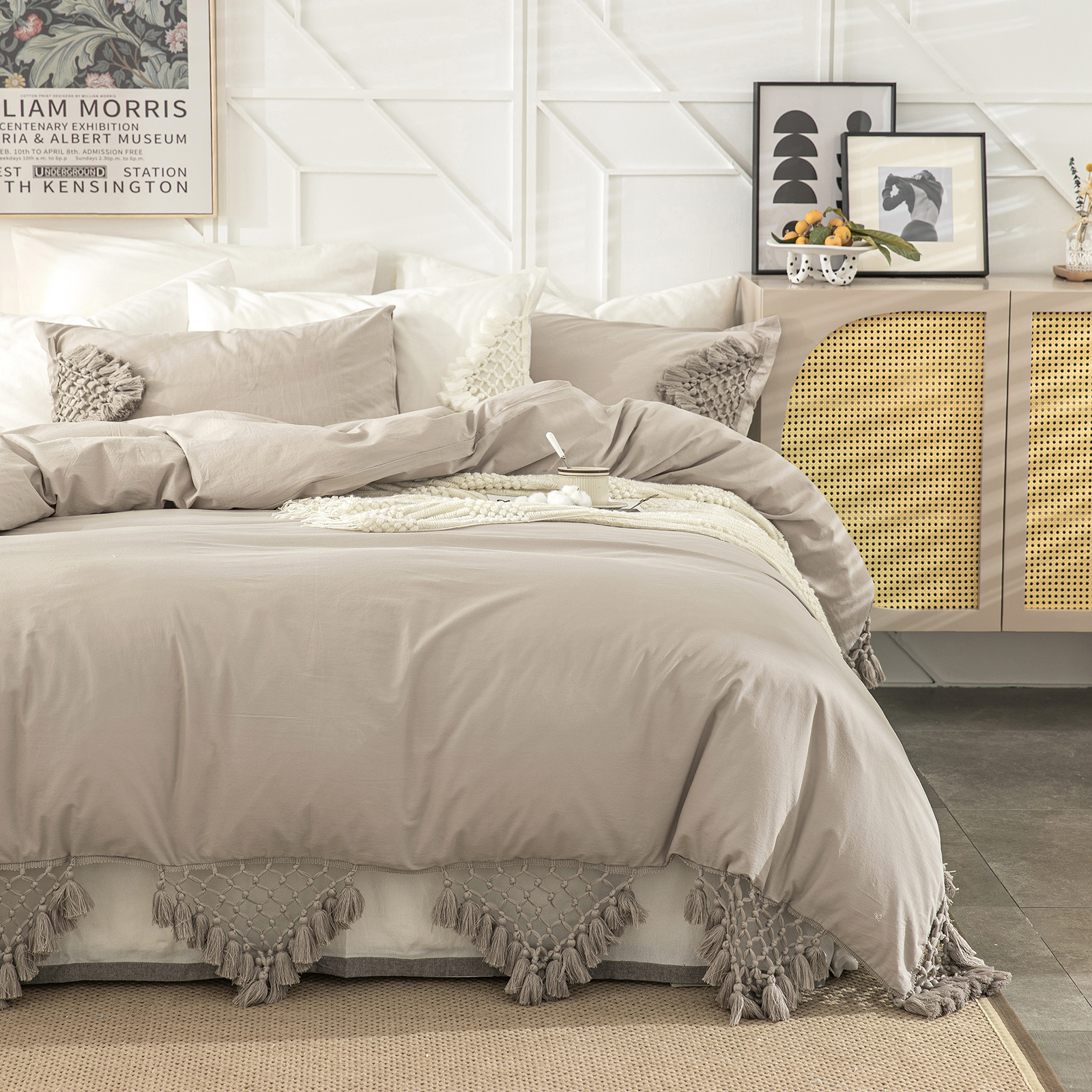 Move Over Taupe Tassel Duvet Cover Queen Boho Handmade Bedding Set 100