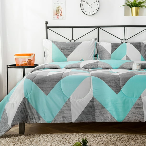 Move Over Teal Plaid Comforter Set King Geometric Bedding Sets Chevron Pattern Microfiber