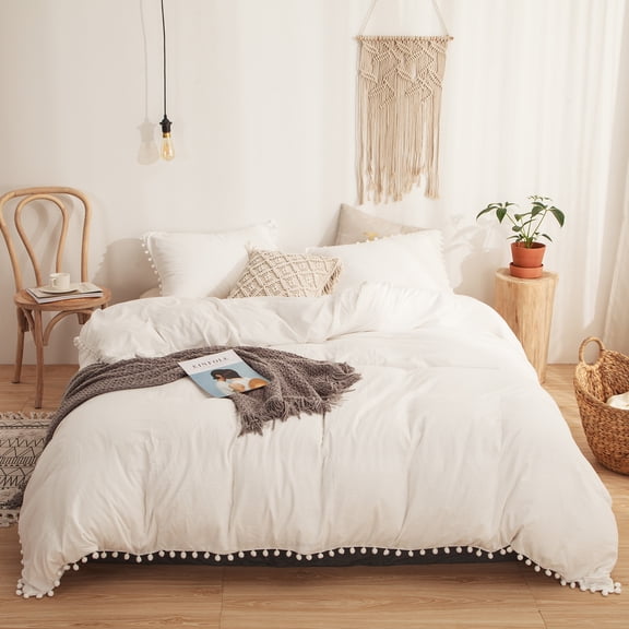 Move Over White Bedding Sets Twin 100% Washed Microfiber Pom Poms Pattern Off White Boho Duvet Cover Set No Filling