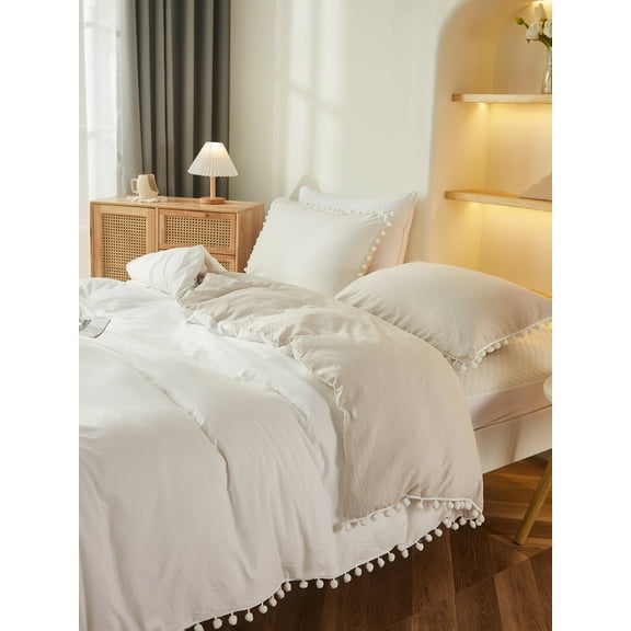 Move Over White Beige Grey Bedding Sets Queen Reversible Pom Poms Duvet Cover Set Ball Fringe Pattern 100% Washed Microfiber No Filling